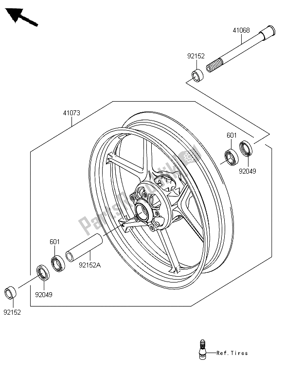 All parts for the Front Hub of the Kawasaki ER 6F 650 2012