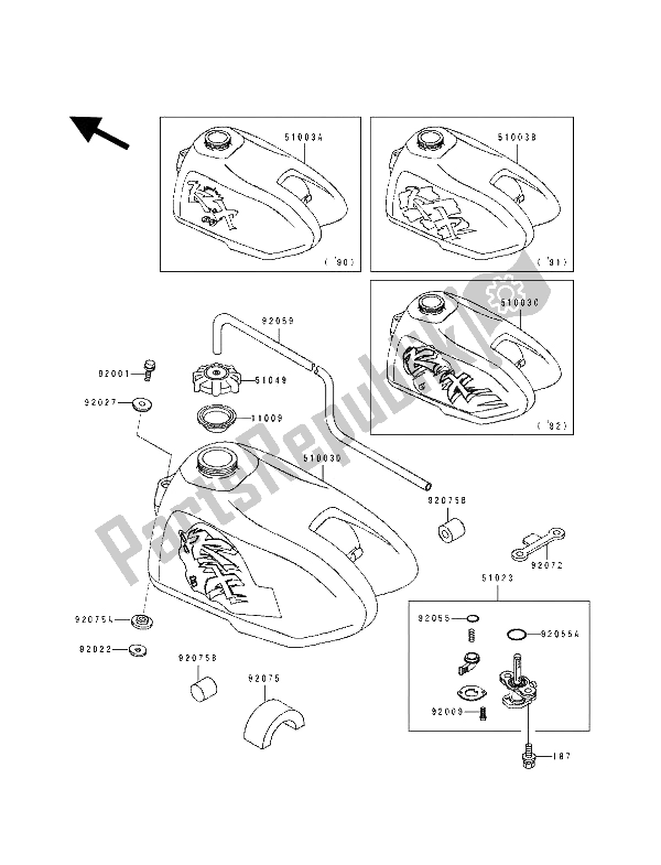 All parts for the Fuel Tank of the Kawasaki KX 60 1991