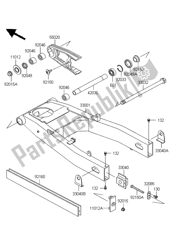 Alle onderdelen voor de Achterbrug van de Kawasaki ZZR 600 2004