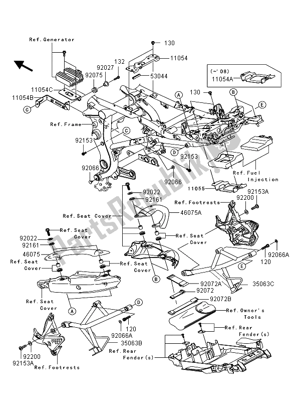 Alle onderdelen voor de Frame Hulpstukken van de Kawasaki Versys 650 2008