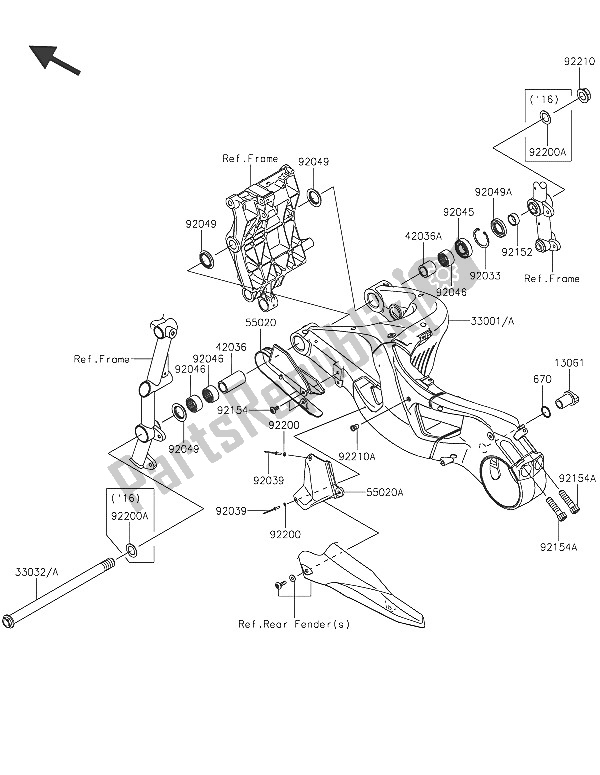 All parts for the Swingarm of the Kawasaki Ninja H2 1000 2016