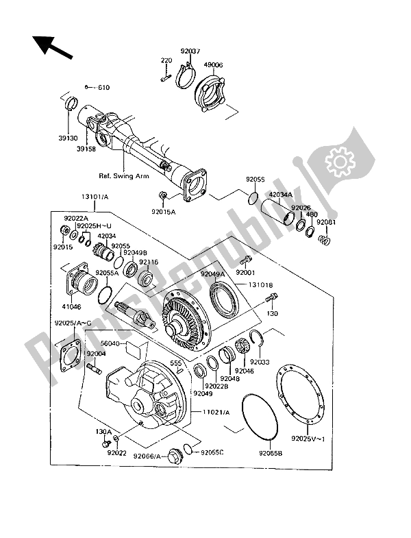 All parts for the Drive Shaft & Final Gear of the Kawasaki 1000 GTR 1992