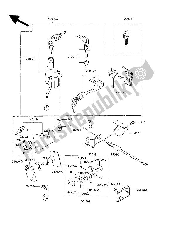 All parts for the Ignition Switch of the Kawasaki LTD 450 1986