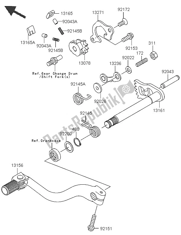 All parts for the Gear Change Mechanism of the Kawasaki KX 250F 2005