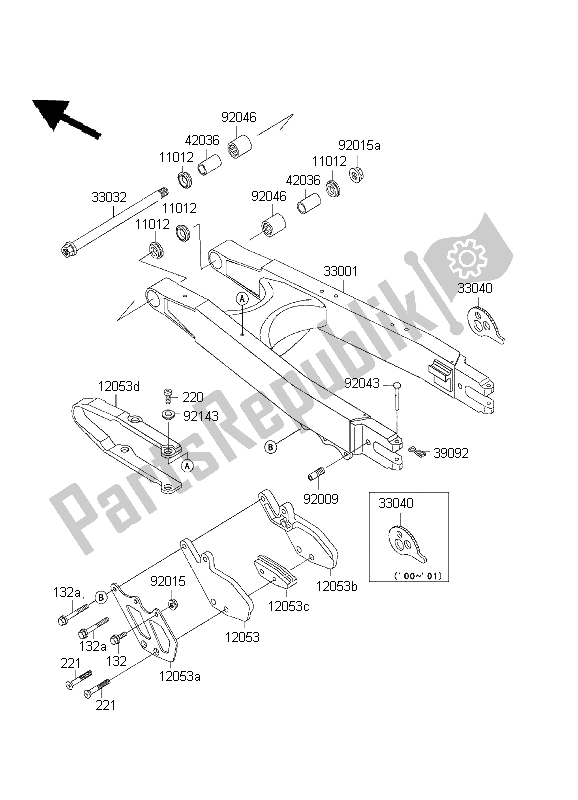 All parts for the Swingarm of the Kawasaki KLX 300R 1999