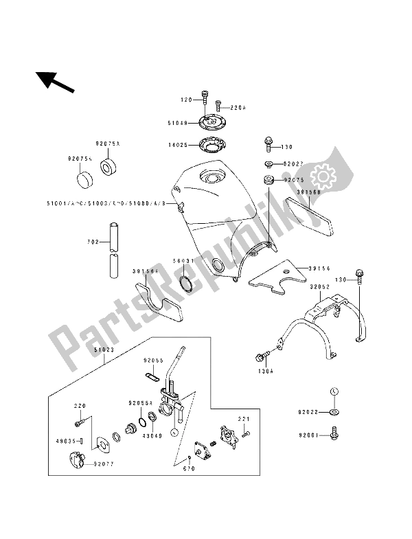 All parts for the Fuel Tank of the Kawasaki KLE 500 1992