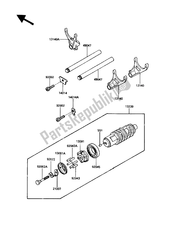 All parts for the Change Drum & Shift Fork of the Kawasaki Voyager XII 1200 1987