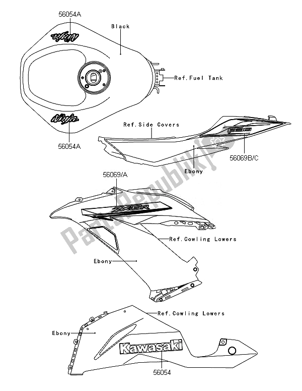 Alle onderdelen voor de Stickers (zwart) van de Kawasaki Ninja ZX 6R 600 2014