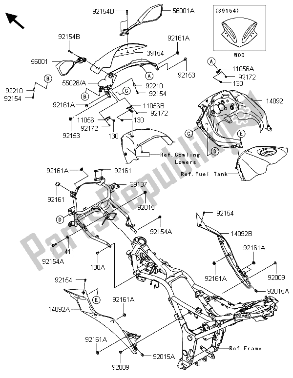 Alle onderdelen voor de Motorkap van de Kawasaki Ninja 300 2013