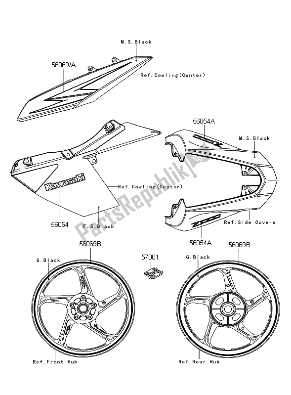 Tutte le parti per il Decalcomanie (nero) del Kawasaki Z 1000 2012