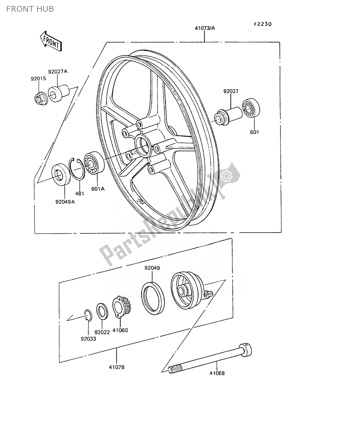 Alle onderdelen voor de Voornaaf van de Kawasaki AR 50 1989