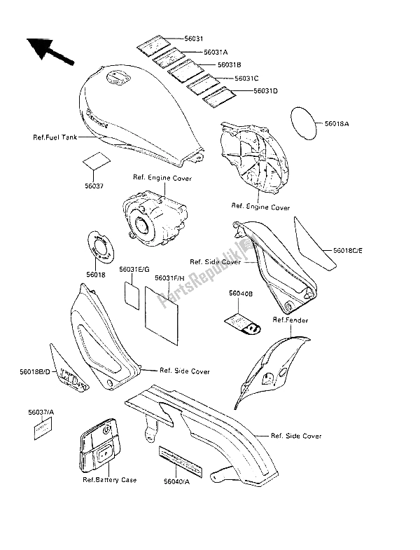 Tutte le parti per il Etichette del Kawasaki LTD 450 1987