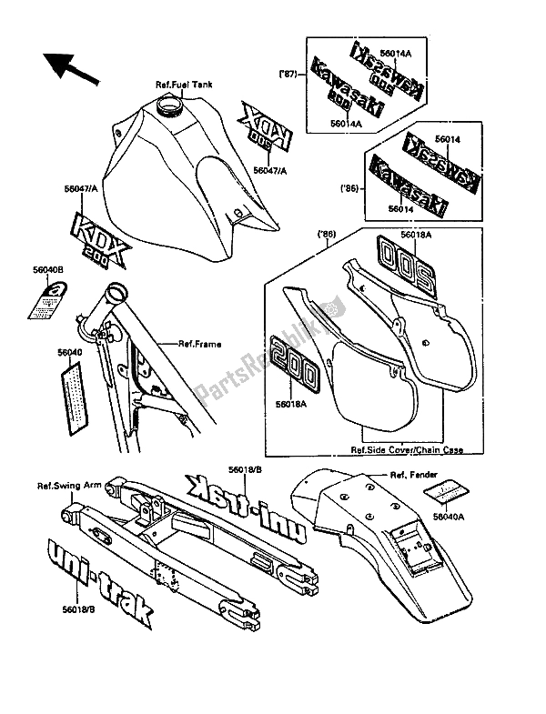 Tutte le parti per il Etichette del Kawasaki KDX 200 1988