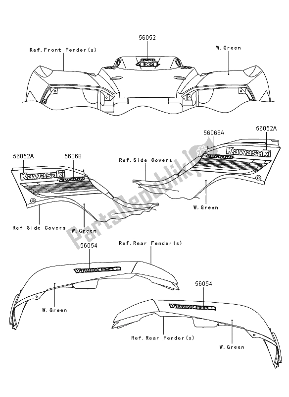 Wszystkie części do Kalkomanie (w. Zielone) (eu, Uk) Kawasaki KVF 650 4X4 2008