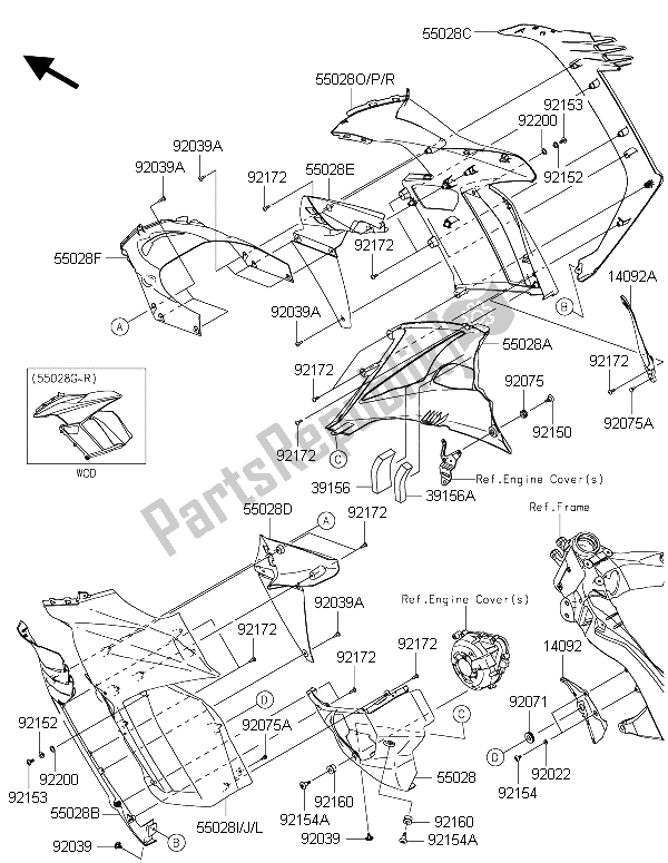 All parts for the Cowling (center) of the Kawasaki Z 1000 SX ABS 2015