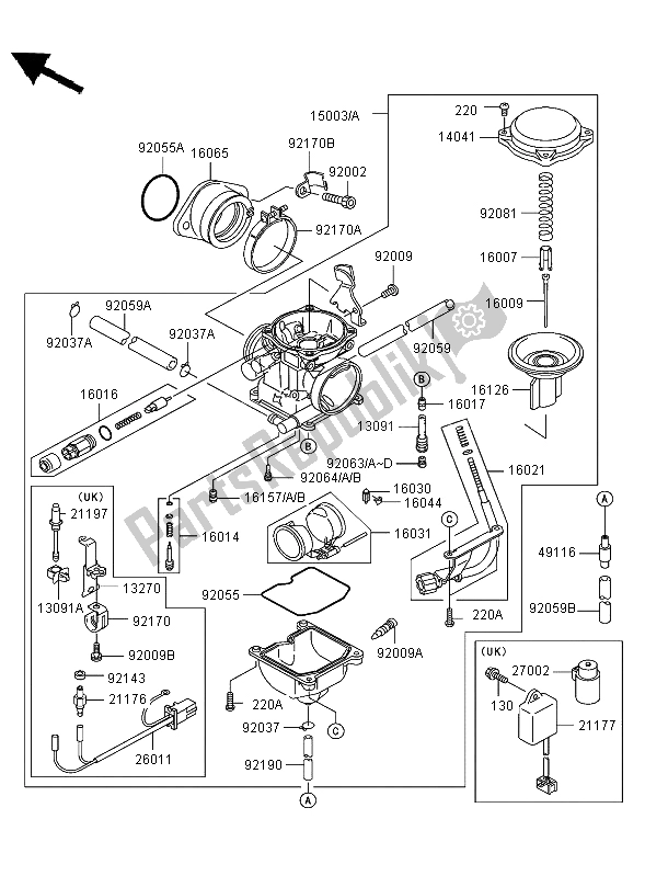 Tutte le parti per il Carburatore del Kawasaki KLF 300 2002