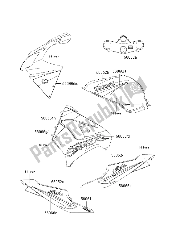 All parts for the Decals (silver) of the Kawasaki Ninja ZX 9R 900 2003