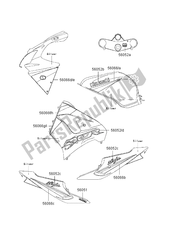 Todas las partes para Calcomanías (plata) de Kawasaki Ninja ZX 9R 900 2003