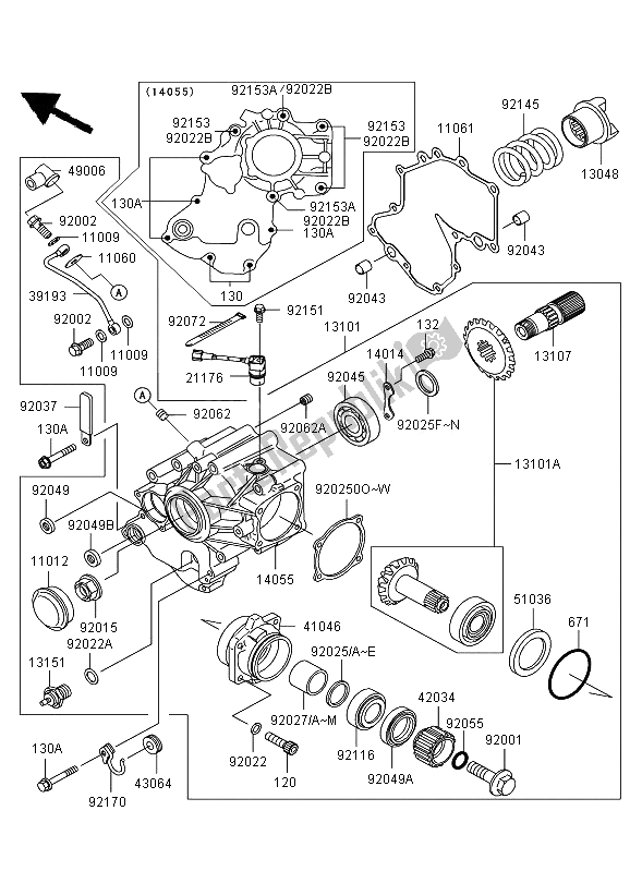 All parts for the Front Bevel Gear of the Kawasaki VN 1600 Mean Streak 2006