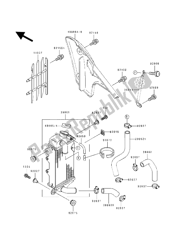 All parts for the Radiator of the Kawasaki KX 80 SW LW 1992