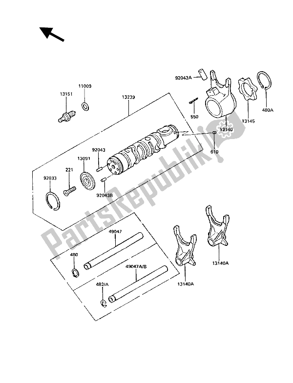 All parts for the Gear Change Drum & Shift Fork(s) of the Kawasaki GT 550 1986