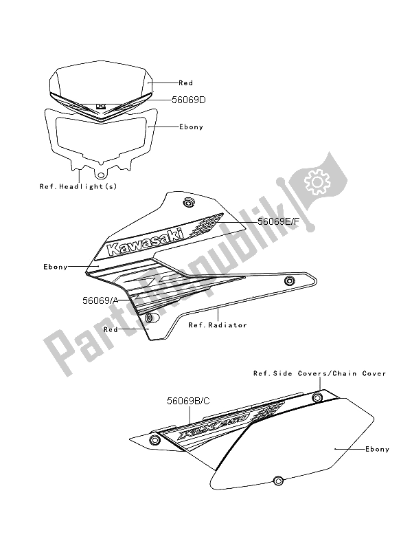 Alle onderdelen voor de Stickers (rood) van de Kawasaki KLX 250 2012