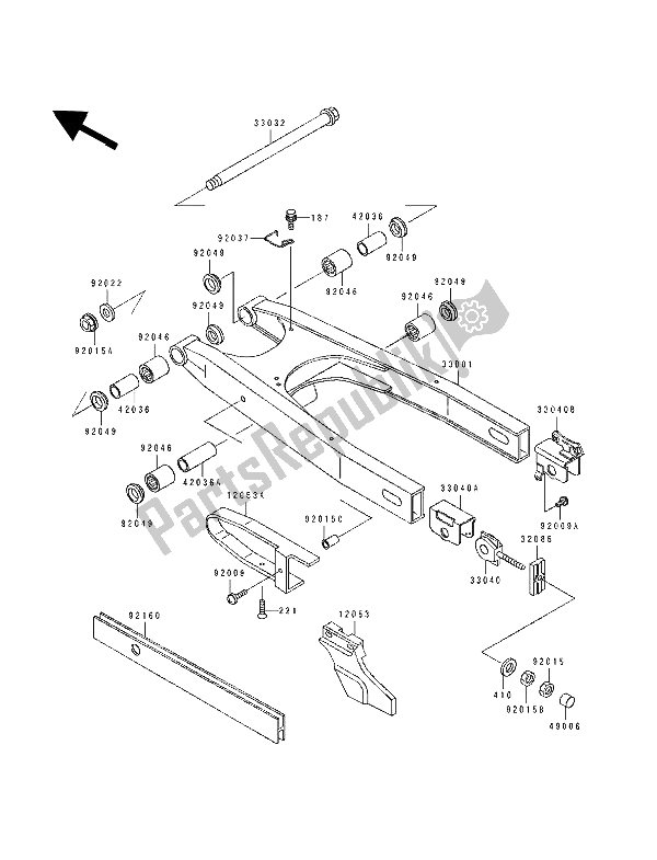 All parts for the Swing Arm of the Kawasaki Tengai 650 1990