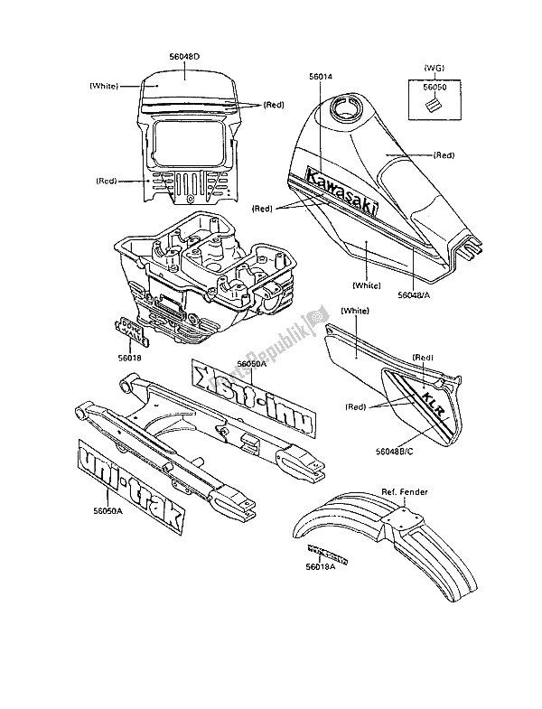 All parts for the Decal (red & White) of the Kawasaki KLR 250 1990