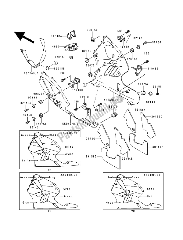 All parts for the Cowling Lowers of the Kawasaki Ninja ZX9R 900 1994