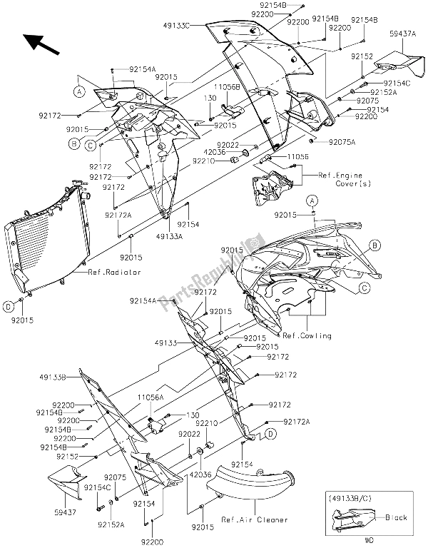 All parts for the Cowling Lowers of the Kawasaki Ninja H2R 1000 2015