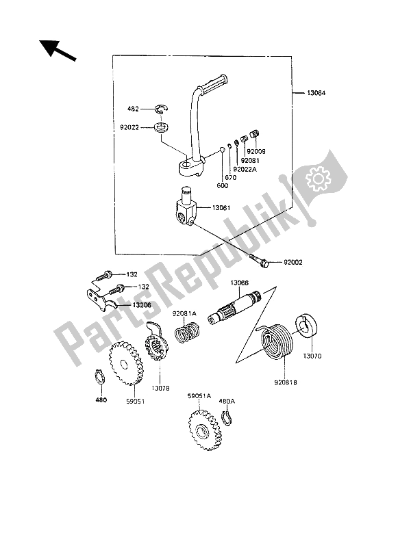 All parts for the Kickstarter Mechanism of the Kawasaki KX 80 1990