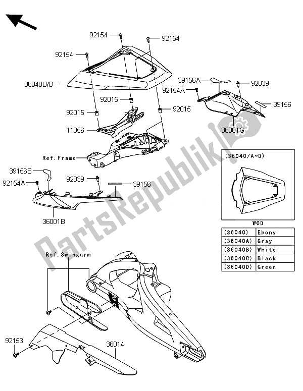 Alle onderdelen voor de Zijafdekkingen En Kettingafdekking van de Kawasaki Ninja ZX 10R 1000 2014