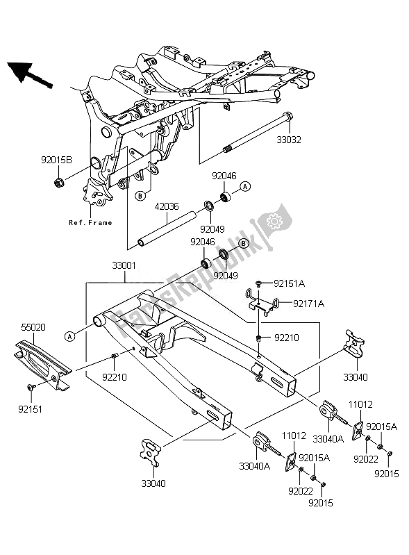 All parts for the Swingarm of the Kawasaki Ninja 250R 2010