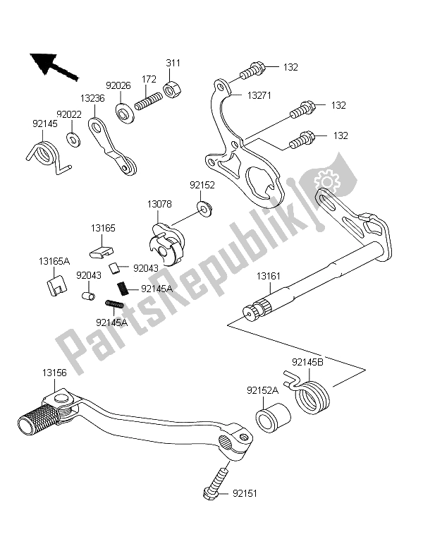 All parts for the Gear Change Mechanism of the Kawasaki KX 125 2006