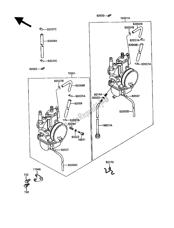 Alle onderdelen voor de Carburator van de Kawasaki KR 1 2 250 1989