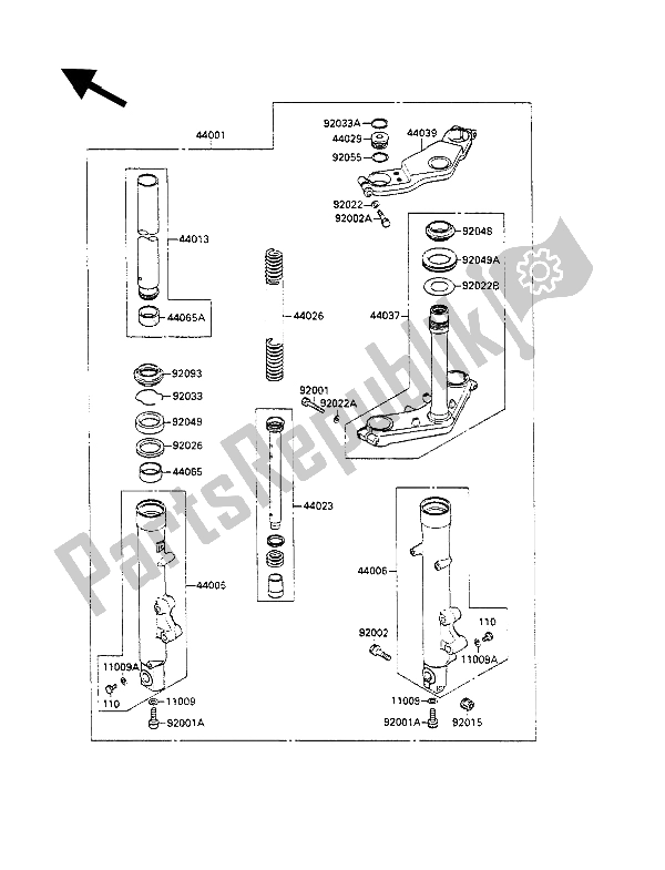 All parts for the Front Fork of the Kawasaki GPZ 500S 1988