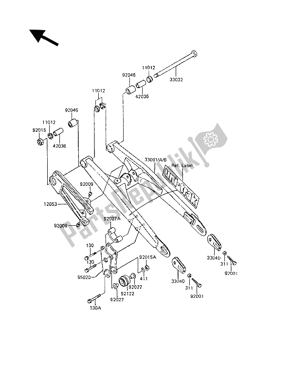 All parts for the Swingarm of the Kawasaki KX 60 1987