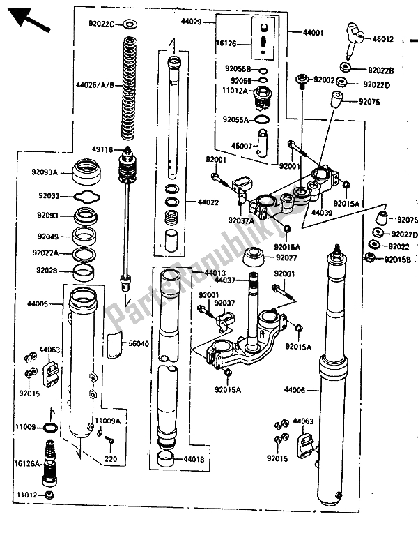 Todas as partes de Garfo Dianteiro do Kawasaki KX 250 1986