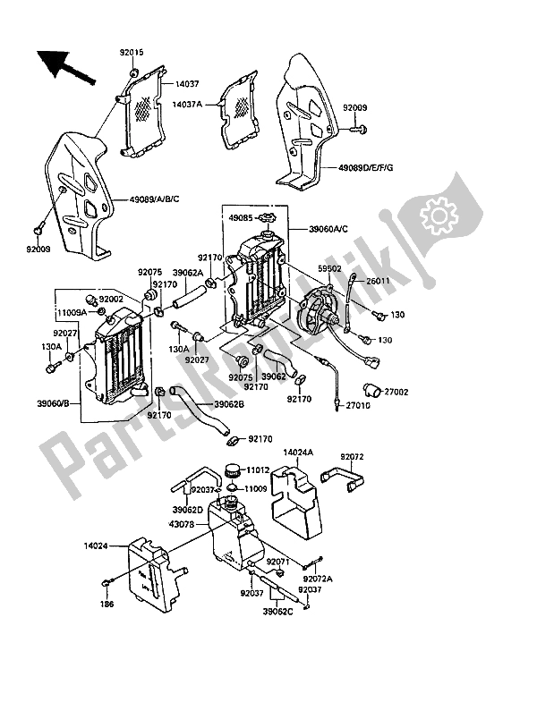 Alle onderdelen voor de Radiator van de Kawasaki KLR 250 1988