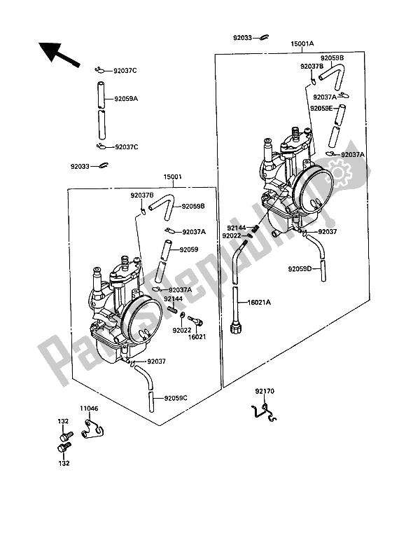 Alle onderdelen voor de Carburator van de Kawasaki KR 1 250 1989