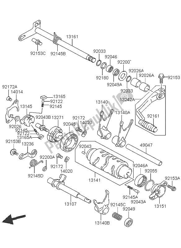 All parts for the Gear Change Mechanism of the Kawasaki KFX 400 2005