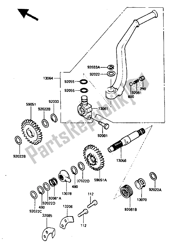 All parts for the Kickstarter Mechanism of the Kawasaki KLR 250 1986