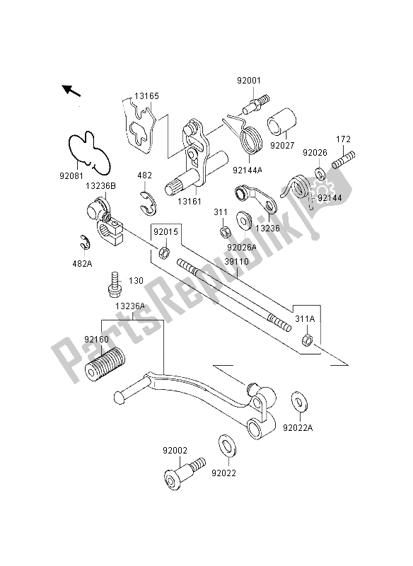 All parts for the Gear Change Mechanism of the Kawasaki GPZ 500S UK 1995