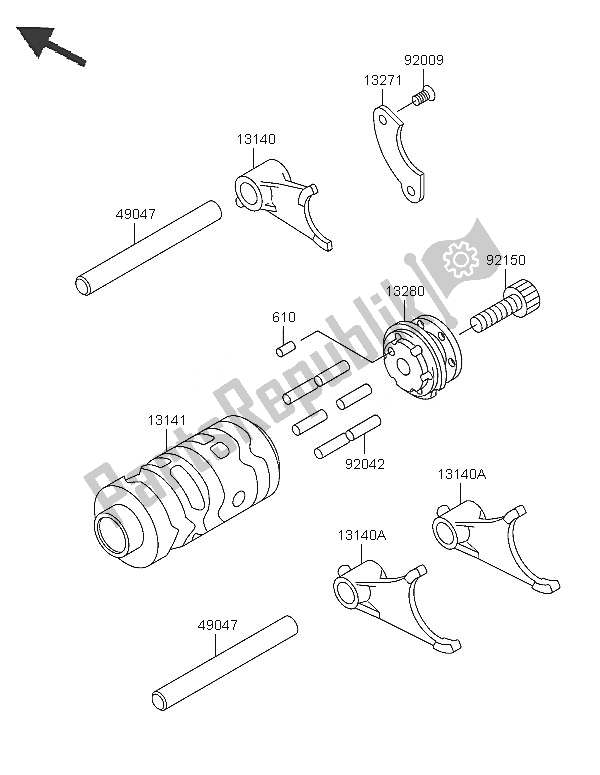 All parts for the Gear Change Drum & Shift Fork of the Kawasaki KX 65 2005