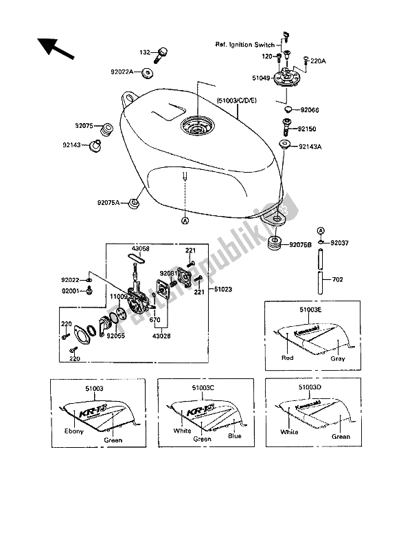 Alle onderdelen voor de Benzinetank van de Kawasaki KR 1 250 1991