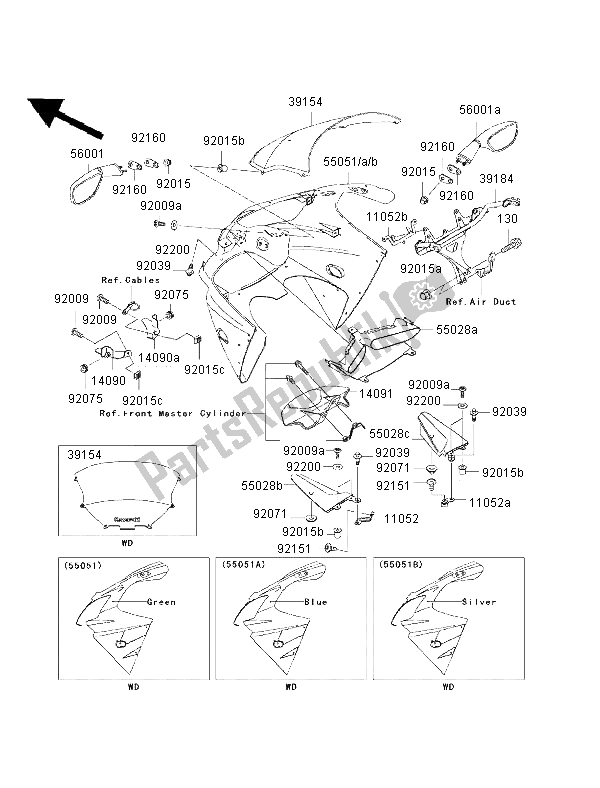 All parts for the Cowling of the Kawasaki Ninja ZX 9R 900 2002