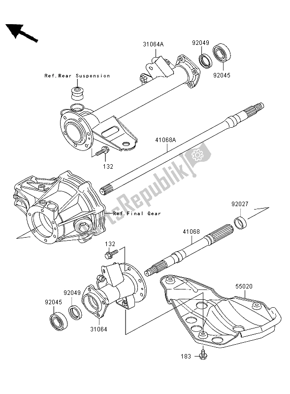 Alle onderdelen voor de Achteras van de Kawasaki KLF 300 2003