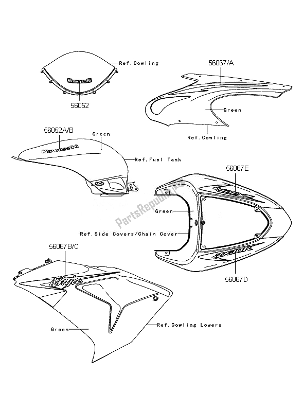 Wszystkie części do Kalkomanie (zielone) Kawasaki Ninja ZX 10R 1000 2007