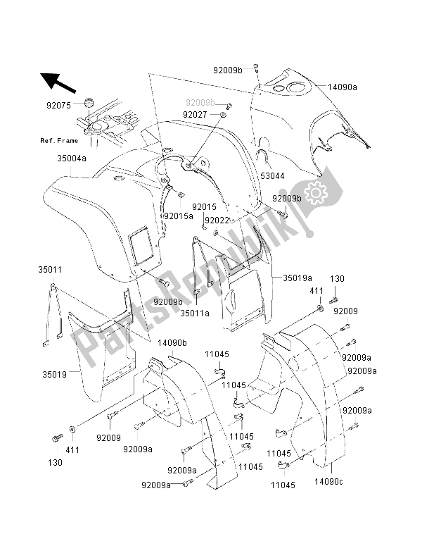 All parts for the Front Fender of the Kawasaki KVF 300 2002