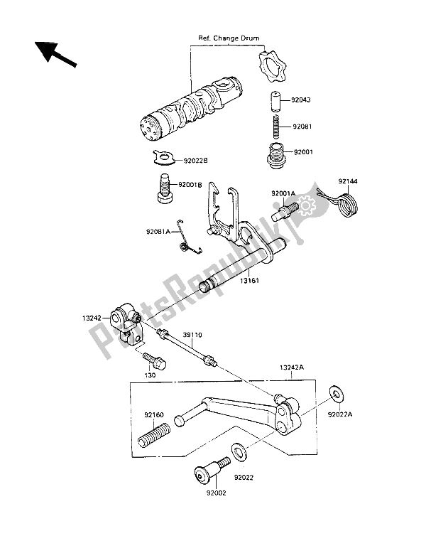 All parts for the Gear Change Mechanism of the Kawasaki GPX 600R 1990